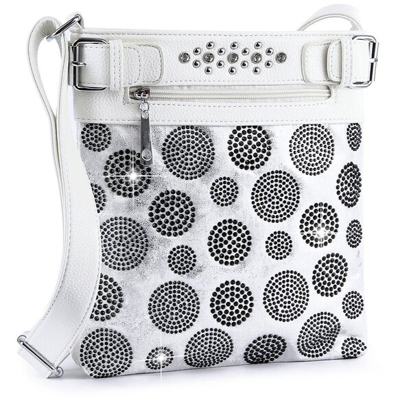 White Polka Dot Rhinestone Crossbody Sling Lightweight and Compact Handbag - Picture 1 of 2